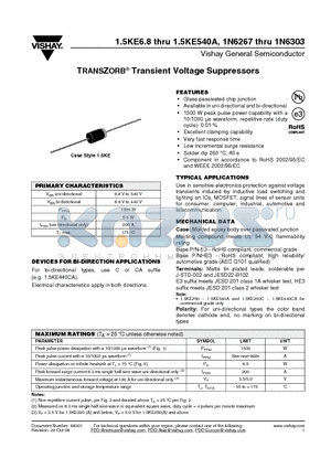 1N6280 datasheet - TRANSZORB^ Transient Voltage Suppressors
