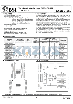 BS62LV1029PCG70 datasheet - Very Low Power/Voltage CMOS SRAM 128K X 8 bit