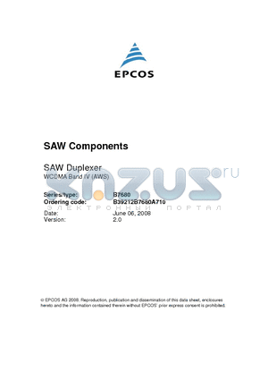 B7680 datasheet - SAW Duplexer WCDMA Band IV (AWS)