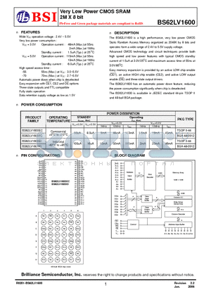 BS62LV1600FI55 datasheet - Very Low Power CMOS SRAM 2M X 8 bit