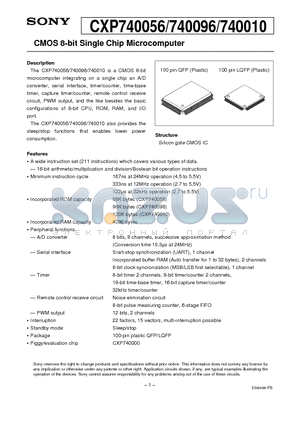 CXP740056 datasheet - CMOS 8-bit Single Chip Microcomputer