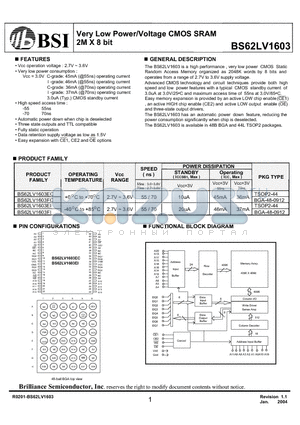 BS62LV1603FCG55 datasheet - Very Low Power/Voltage CMOS SRAM 2M X 8 bit