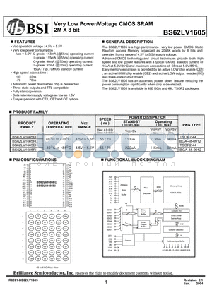BS62LV1605EIG55 datasheet - Very Low Power/Voltage CMOS SRAM 2M X 8 bit