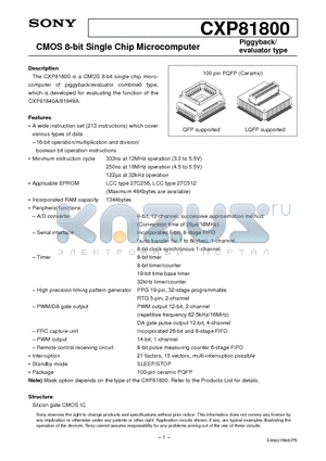 CXP81800 datasheet - CMOS 8-bit Single Chip Microcomputer