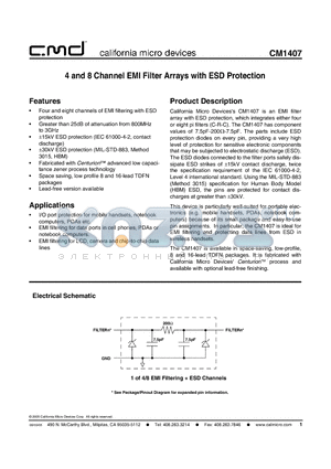 CM1407-08DE datasheet - 4 and 8 Channel EMI Filter Arrays with ESD Protection