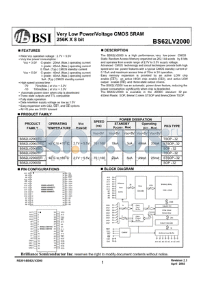 BS62LV2000SI datasheet - Very Low Power/Voltage CMOS SRAM 256K X 8 bit