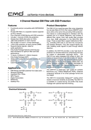 CM1410-03CP datasheet - 4 Channel Headset EMI Filter with ESD Protection