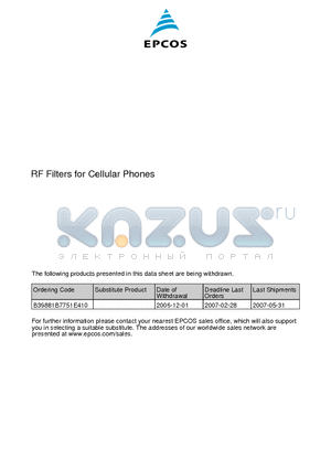 B7751 datasheet - SAW Components Low-Loss Filter for Mobile Communication 881,5 MHz