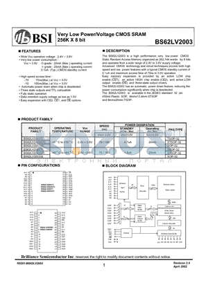 BS62LV2003SI datasheet - Very Low Power/Voltage CMOS SRAM 256K X 8 bit
