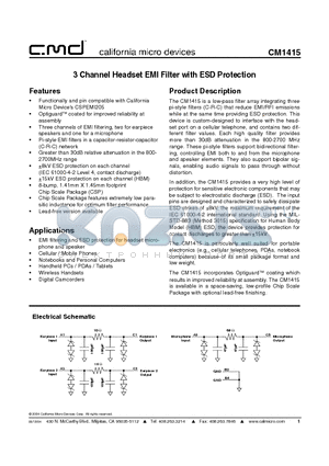 CM1415-03CS datasheet - 3 Channel Headset EMI Filter with ESD Protection