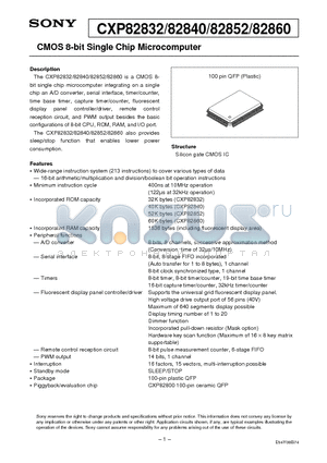 CXP82852 datasheet - CMOS 8-bit Single Chip Microcomputer