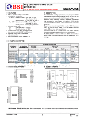 BS62LV2006DIG55 datasheet - Very Low Power CMOS SRAM 256K X 8 bit