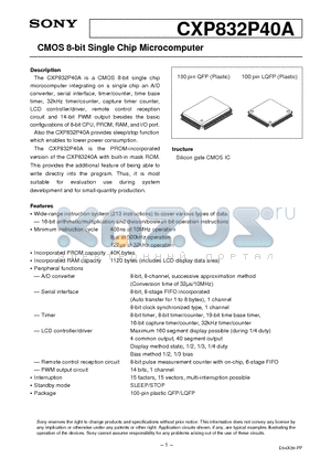 CXP832P40A datasheet - CMOS 8-bit Single Chip Microcomputer