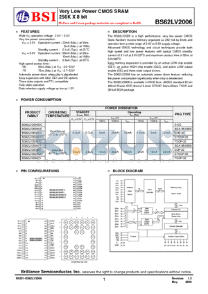 BS62LV2006SCP70 datasheet - Very Low Power CMOS SRAM 256K X 8 bit