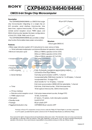 CXP84640 datasheet - CMOS 8-bit Single Chip Microcomputer