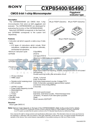 CXP85400 datasheet - CMOS 8-bit 1-chip Microcomputer