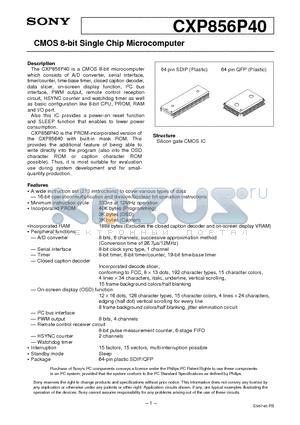 CXP856P40 datasheet - CMOS 8-bit Single Chip Microcomputer