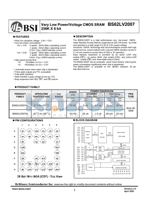 BS62LV2007 datasheet - Very Low Power/Voltage CMOS SRAM 256K X 8 bit