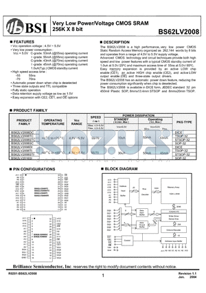 BS62LV2008SIG70 datasheet - Very Low Power/Voltage CMOS SRAM 256K X 8 bit