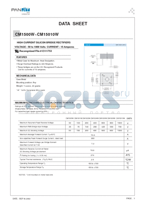 CM1500W datasheet - HIGH CURRENT SILICON BRIDGE RECTIFIERS(VOLTAGE - 50 to 1000 Volts CURRENT - 15 Amperes)