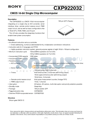 CXP922032 datasheet - CMOS 16-bit Single Chip Microcomputer