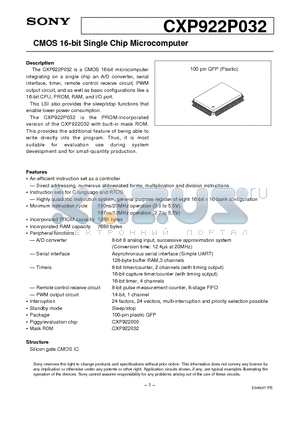 CXP922P032 datasheet - CMOS 16-bit Single Chip Microcomputer