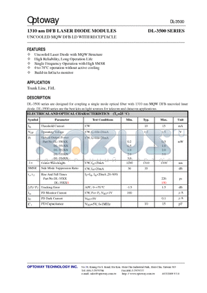 DL-3505S-FBS datasheet - 1310 nm DFB LASER DIODE MODULES UNCOOLED MQW DFB LD WITH RECEPTACLE