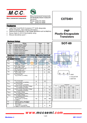 CXT5401 datasheet - PNP Plastic-Encapsulate Transistors