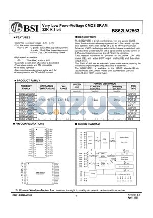 BS62LV2563DC datasheet - Very Low Power/Voltage CMOS SRAM 32K X 8 bit