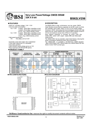 BS62LV256SC datasheet - Very Low Power/Voltage CMOS SRAM 32K X 8 bit