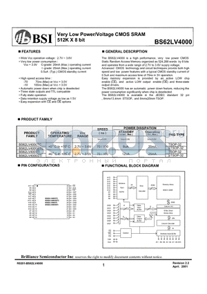 BS62LV4000 datasheet - Very Low Power/Voltage CMOS SRAM 512K X 8 bit