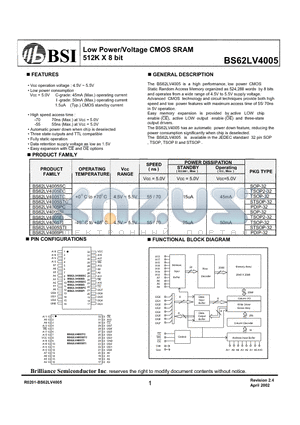 BS62LV4005PC datasheet - Low Power/Voltage CMOS SRAM 512K X 8 bit