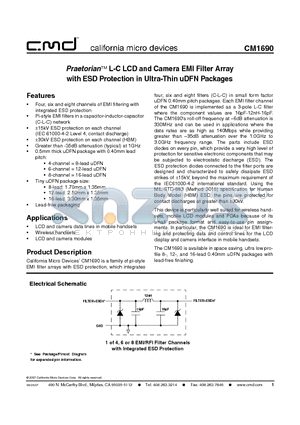 CM1690-06DE datasheet - Praetorian L-C LCD and Camera EMI Filter Array with ESD Protection in Ultra-Thin uDFN Packages