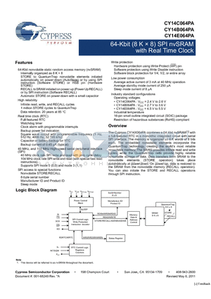 CY14B064PA-SFXIT datasheet - 64-Kbit (8 K x 8) SPI nvSRAM with Real Time Clock with Real Time Clock