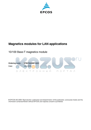 B78476A8067A003 datasheet - Magnetics modules for LAN applications