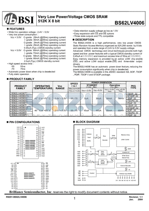 BS62LV4006PI-55 datasheet - Very Low Power/Voltage CMOS SRAM 512K X 8 bit