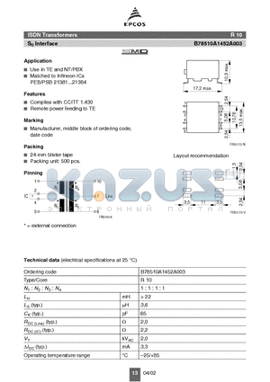 B78510A1452A003 datasheet - ISDN Transformers