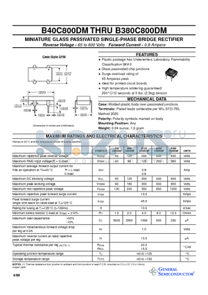 B80C800DM datasheet - MINIATURE GLASS PASSIVATED SINGLE-PHASE BRIDGE RECTIFIER