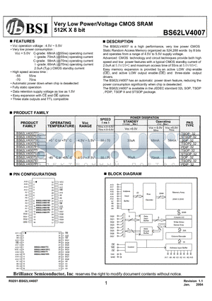 BS62LV4007EI datasheet - Very Low Power/Voltage CMOS SRAM 512K X 8 bit