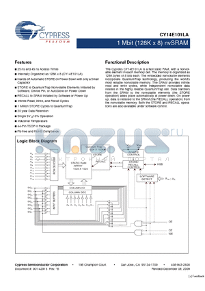 CY14B101LA-ZS25XI datasheet - 1 Mbit (128K x 8) nvSRAM