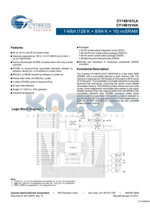 CY14B101LA_11 datasheet - 1-Mbit (128 K  8/64 K  16) nvSRAM