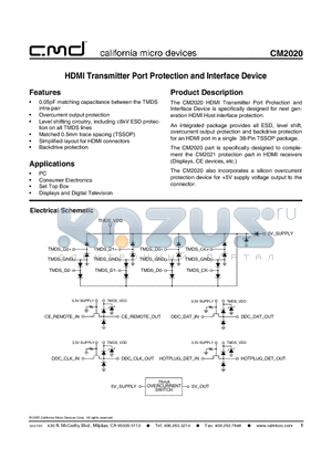 CM2020-00TS datasheet - HDMI TRANSMITTER PORT PROTECTION AND INTERFACE DEVICE