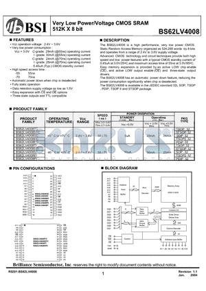 BS62LV4008EIG70 datasheet - Very Low Power/Voltage CMOS SRAM 512K X 8 bit