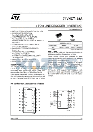 74VHCT138A datasheet - 3 TO 8 LINE DECODER INVERTING