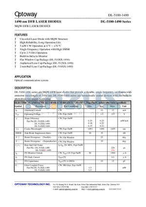 DL-5105S-1490 datasheet - 1490 nm DFB LASER DIODES MQW-DFB LASER DIODES