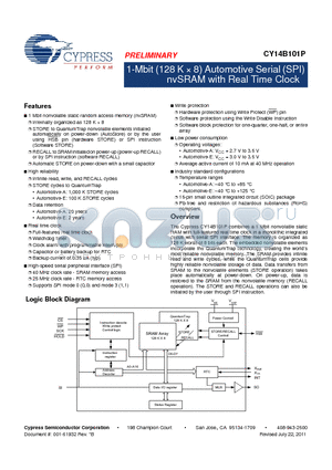 CY14B101P-SFXA datasheet - 1-Mbit (128 K x 8) Automotive Serial (SPI) nvSRAM with Real Time Clock