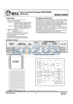 BS62LV8000EI datasheet - Very Low Power/Voltage CMOS SRAM 1M X 8 bit