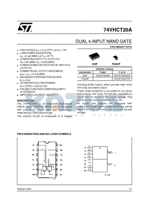 74VHCT20ATTR datasheet - DUAL 4-INPUT NAND GATE