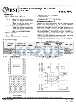 BS62LV8001EIG70 datasheet - Very Low Power/Voltage CMOS SRAM 1M X 8 bit