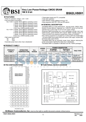 BS62LV8001FIP55 datasheet - Very Low Power/Voltage CMOS SRAM 1M X 8 bit